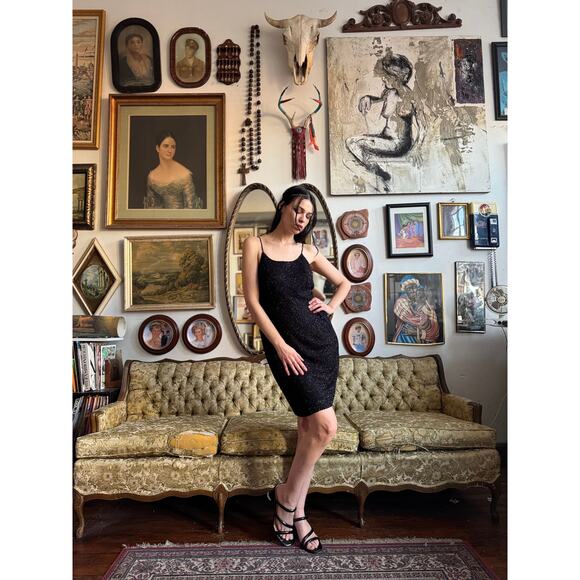 Cherry Cola Vintage 90s Marina Bresler Black Beaded Mini Dress Size 8 - Picture 7 of 10